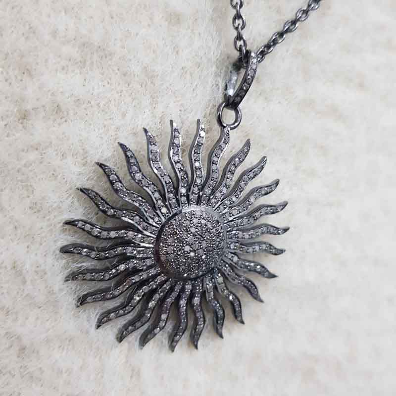 Shiny Black Fancy Designer Pave Diamond Sunburst Pendent