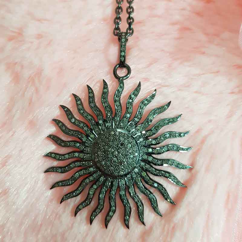 Shiny Black Fancy Designer Pave Diamond Sunburst Pendent