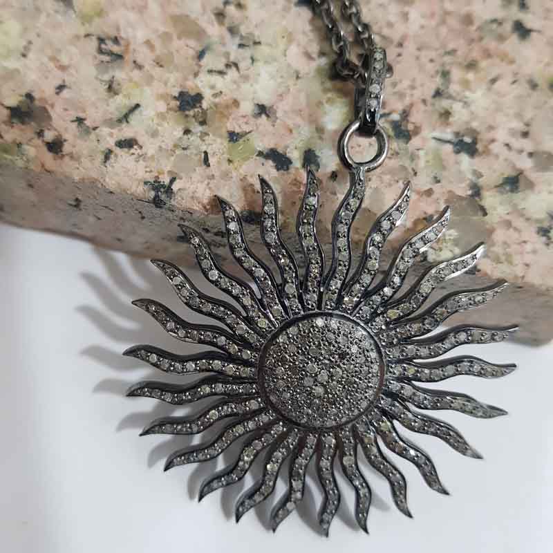 Shiny Black Fancy Designer Pave Diamond Sunburst Pendent