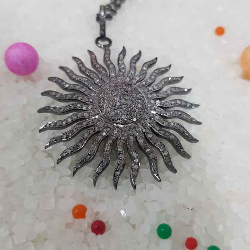 Shiny Black Fancy Designer Pave Diamond Sunburst Pendent