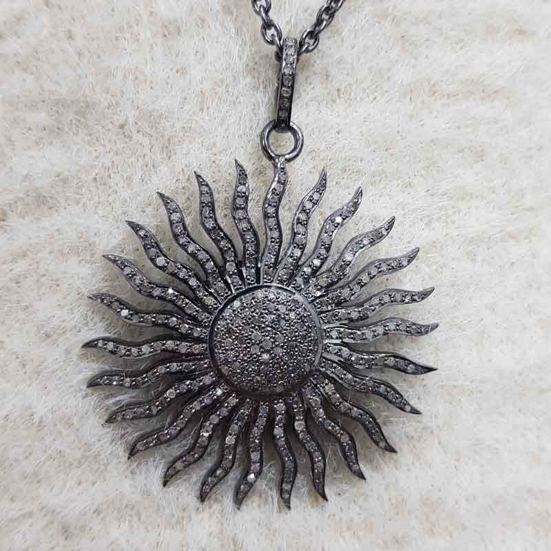 Shiny Black Fancy Designer Pave Diamond Sunburst Pendent