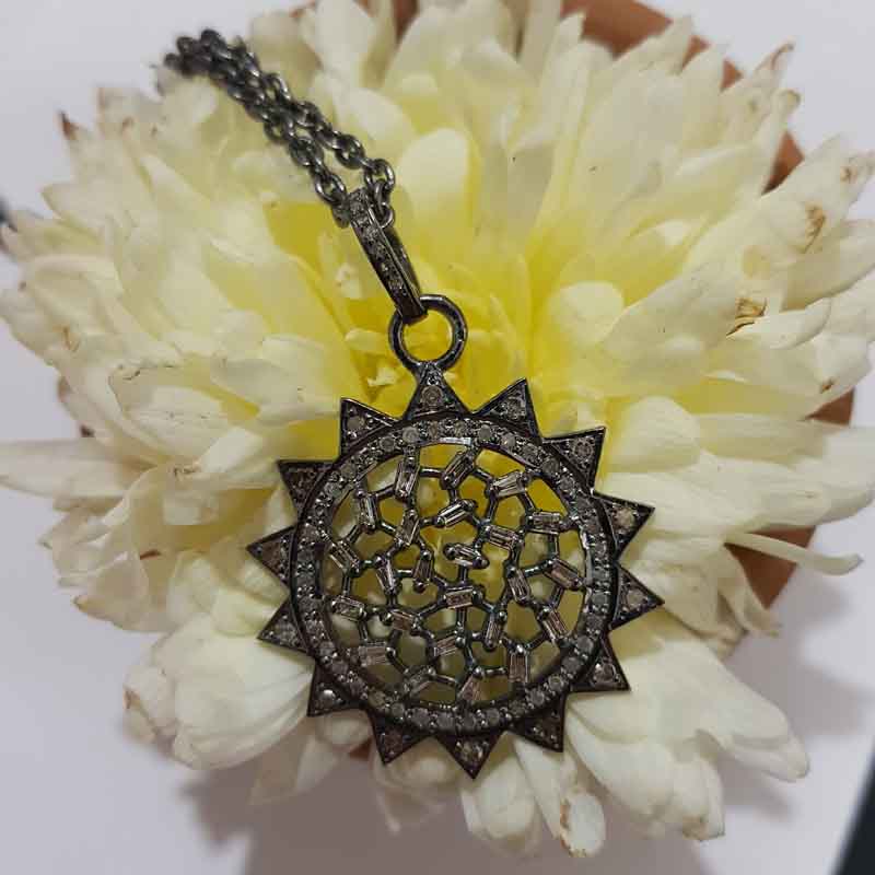 Designer Sunburst Pendent With Baguette And Pave Diamonds