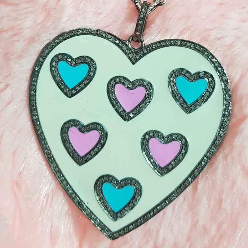 Beautifully Designed Cream, Turquoise And Pink Enamel Heart Pendent