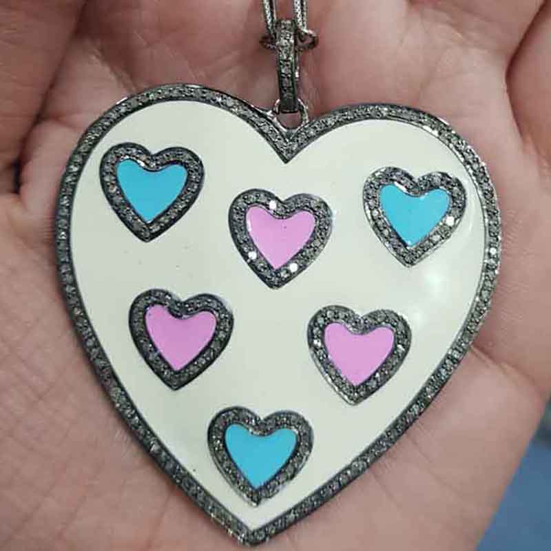 Beautifully Designed Cream, Turquoise And Pink Enamel Heart Pendent