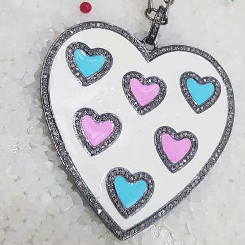 Beautifully Designed Cream, Turquoise And Pink Enamel Heart Pendent