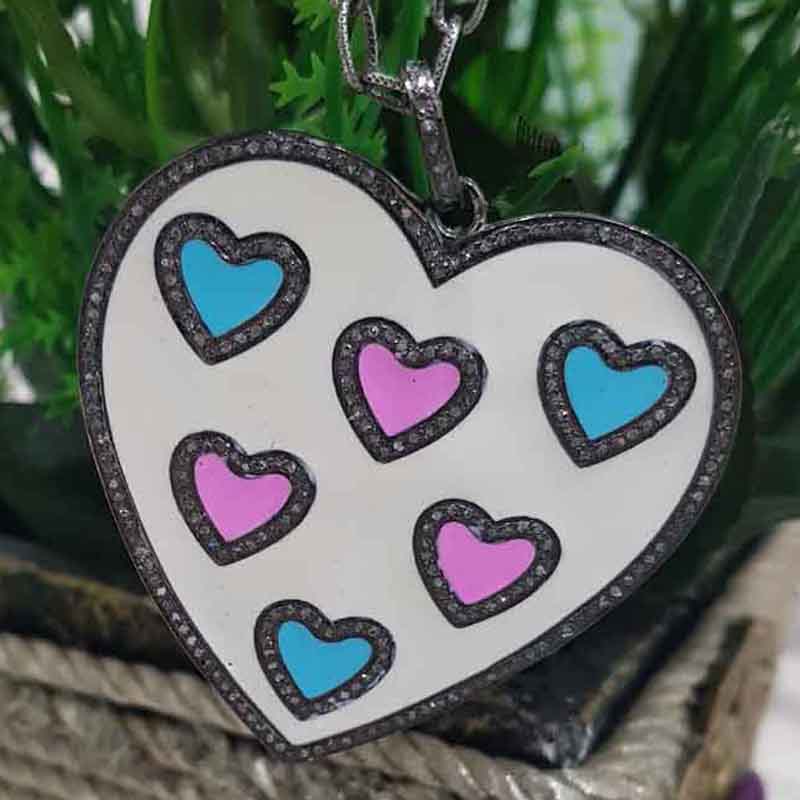 Beautifully Designed Cream, Turquoise And Pink Enamel Heart Pendent