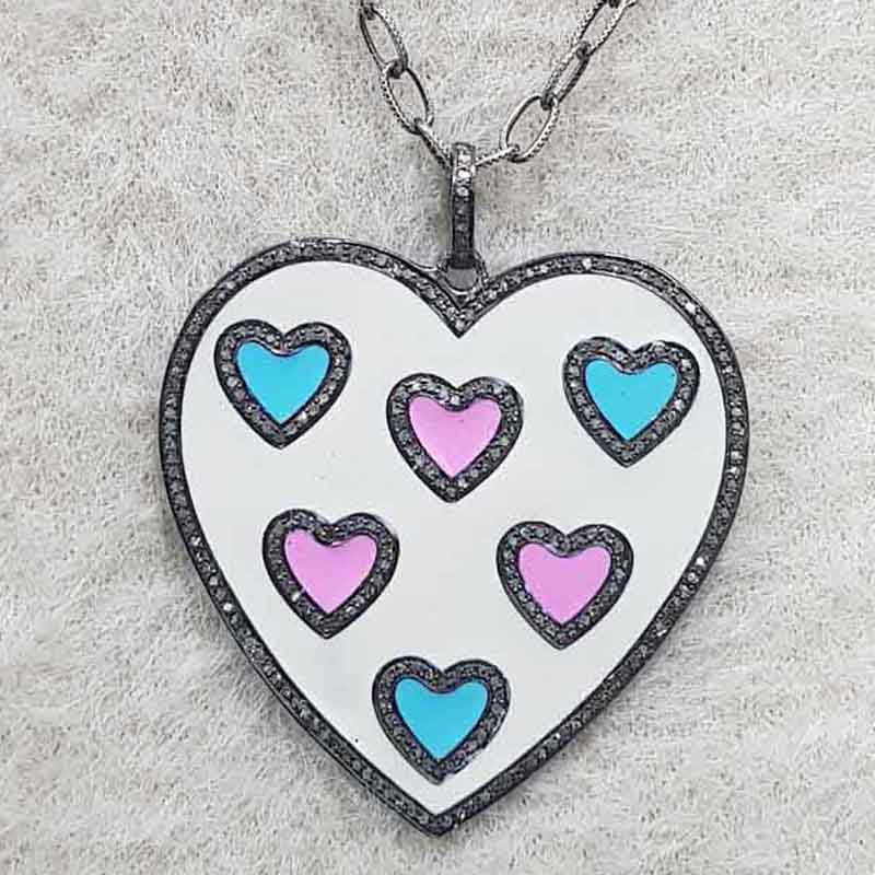 Beautifully Designed Cream, Turquoise And Pink Enamel Heart Pendent