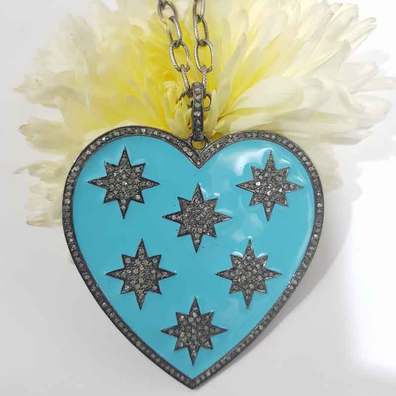 Turquoise Enamel 925 Sterling Silver Handmade Heart Star Pendent