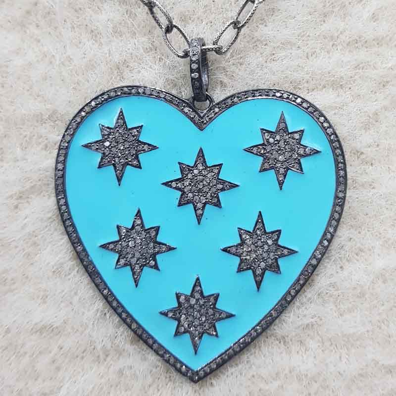 Turquoise Enamel 925 Sterling Silver Handmade Heart Star Pendent