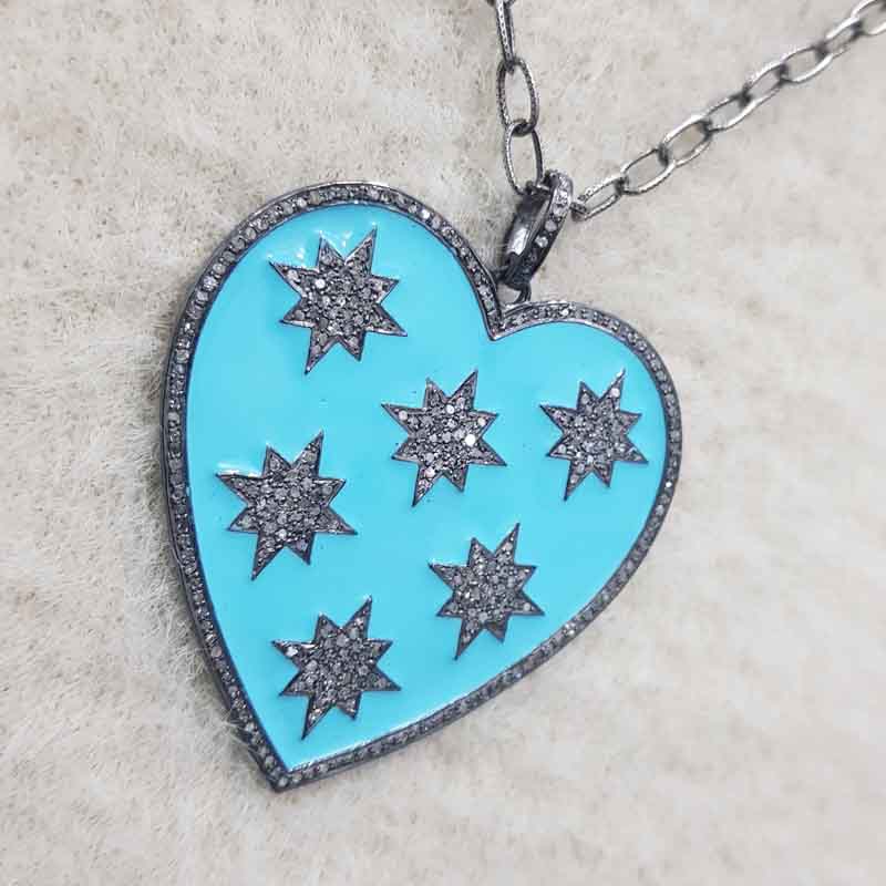 Turquoise Enamel 925 Sterling Silver Handmade Heart Star Pendent