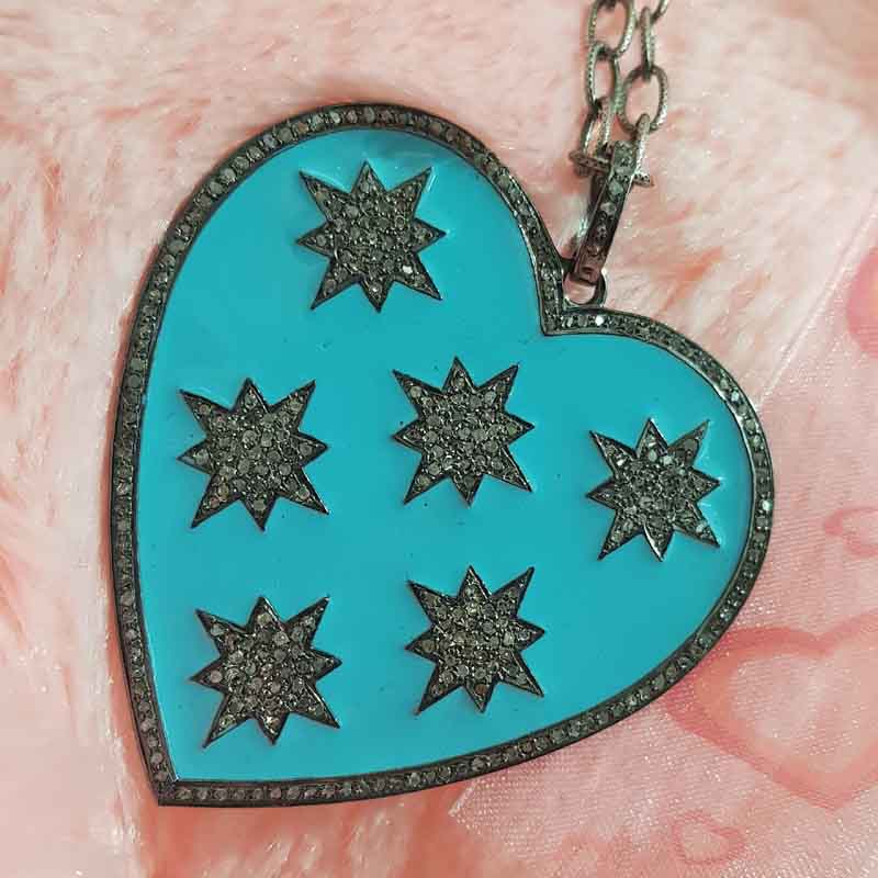 Turquoise Enamel 925 Sterling Silver Handmade Heart Star Pendent