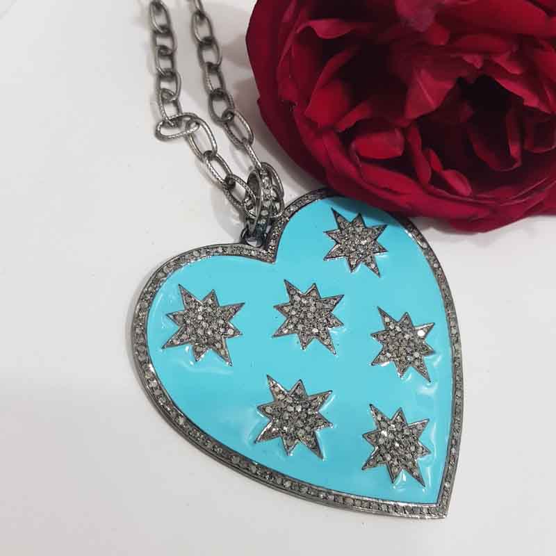 Turquoise Enamel 925 Sterling Silver Handmade Heart Star Pendent