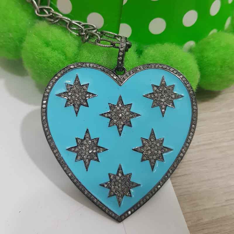 Turquoise Enamel 925 Sterling Silver Handmade Heart Star Pendent