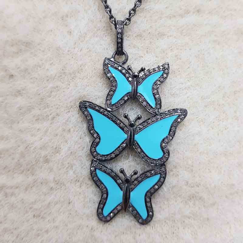 Turquoise Enamel Handmade Designer 3 Layers Butterfly Pendent