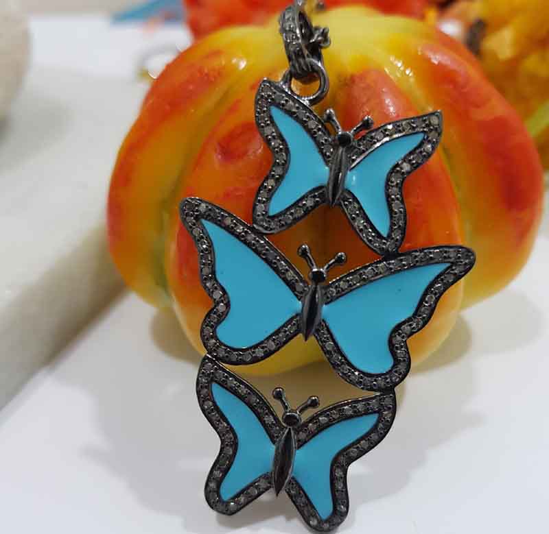 Turquoise Enamel Handmade Designer 3 Layers Butterfly Pendent