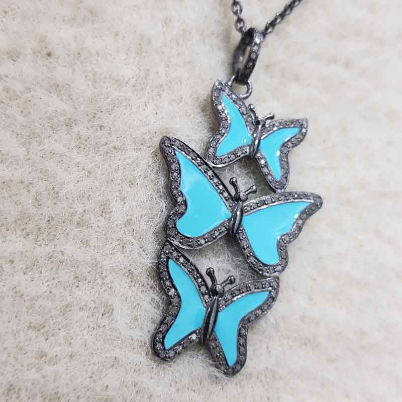 Turquoise Enamel Handmade Designer 3 Layers Butterfly Pendent