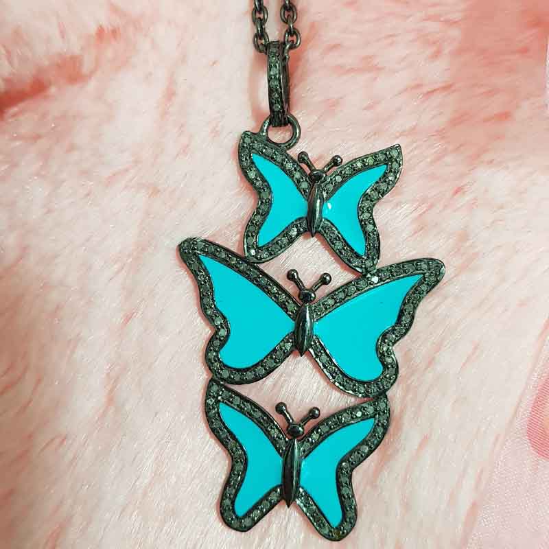 Turquoise Enamel Handmade Designer 3 Layers Butterfly Pendent