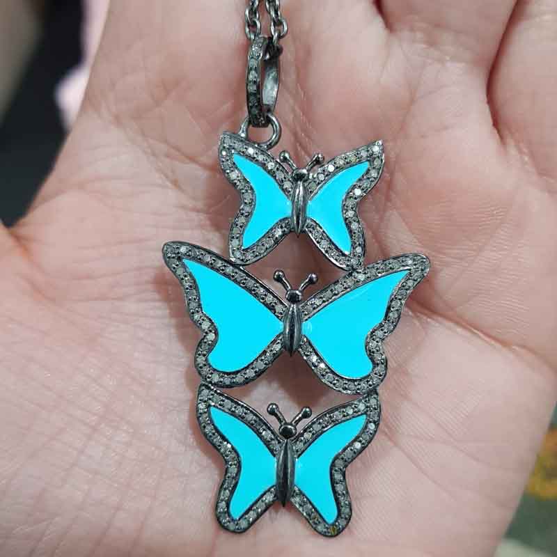 Turquoise Enamel Handmade Designer 3 Layers Butterfly Pendent