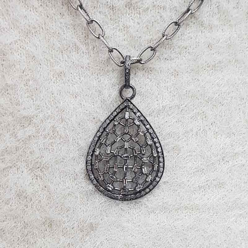 Tear Drop Pave Diamond Baguette Fancy Designer Pendent