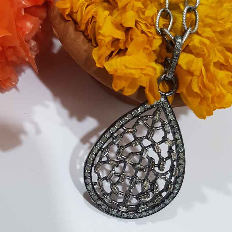 Tear Drop Pave Diamond Baguette Fancy Designer Pendent