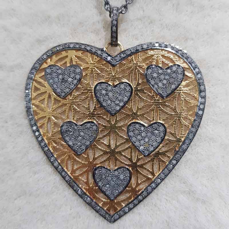 Beautifully Big Heart And Pave Diamond Little Hearts Pendent With Yellow And Black Rhodium Plate