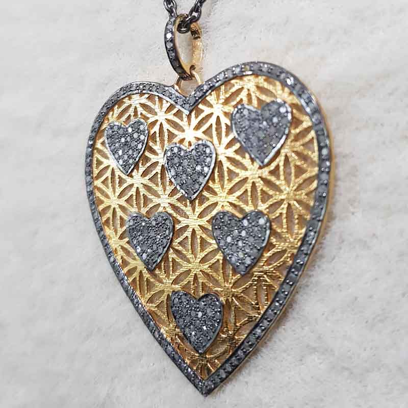 Beautifully Big Heart And Pave Diamond Little Hearts Pendent With Yellow And Black Rhodium Plate