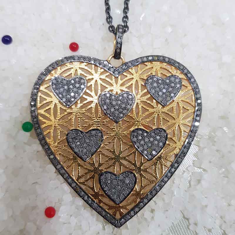 Beautifully Big Heart And Pave Diamond Little Hearts Pendent With Yellow And Black Rhodium Plate