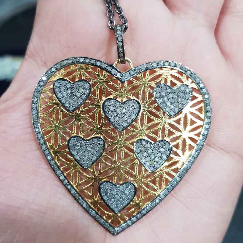 Beautifully Big Heart And Pave Diamond Little Hearts Pendent With Yellow And Black Rhodium Plate