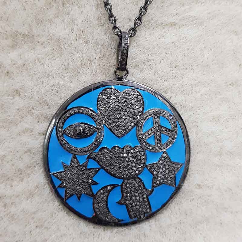 Turquoise Enamel 925 Sterling Silver Handmade Fancy Style Pendent