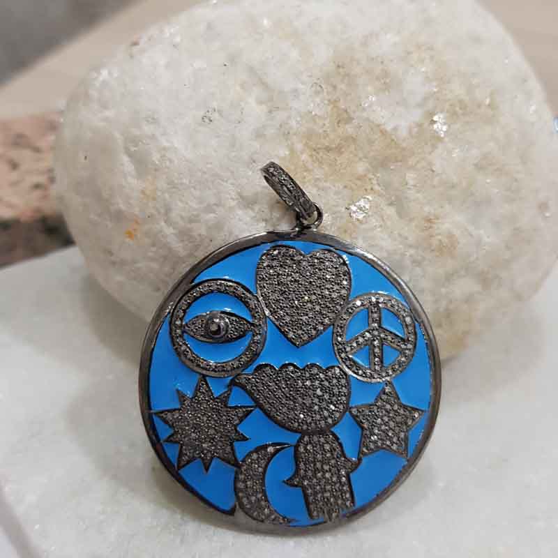 Turquoise Enamel 925 Sterling Silver Handmade Fancy Style Pendent