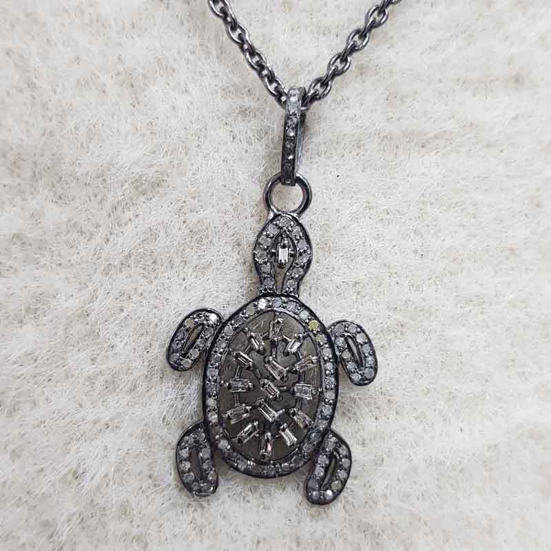 Pave Diamond And Baguette Designer Tortoise Pendent