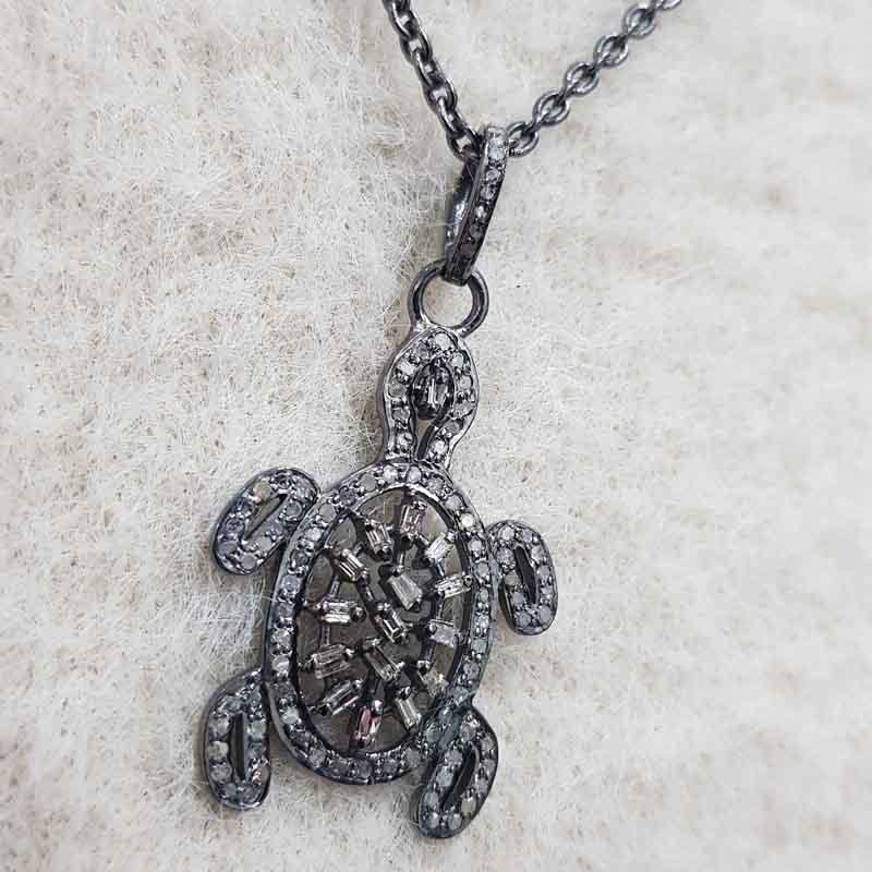 Pave Diamond And Baguette Designer Tortoise Pendent