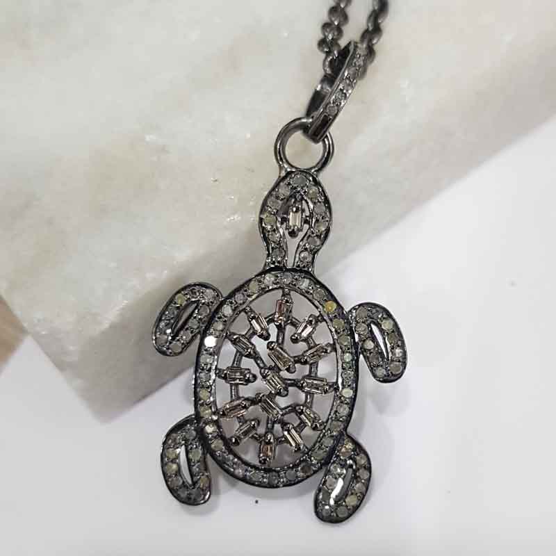 Pave Diamond And Baguette Designer Tortoise Pendent