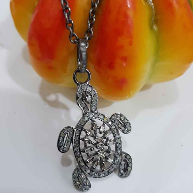 Pave Diamond And Baguette Designer Tortoise Pendent