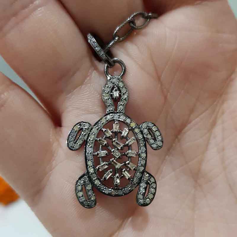 Pave Diamond And Baguette Designer Tortoise Pendent