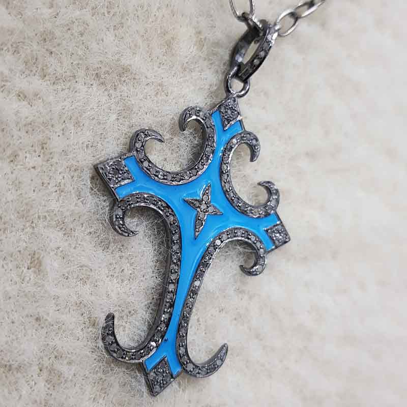 925 Solid Sterling Silver Turquoise Enamel Cross Designer pendent