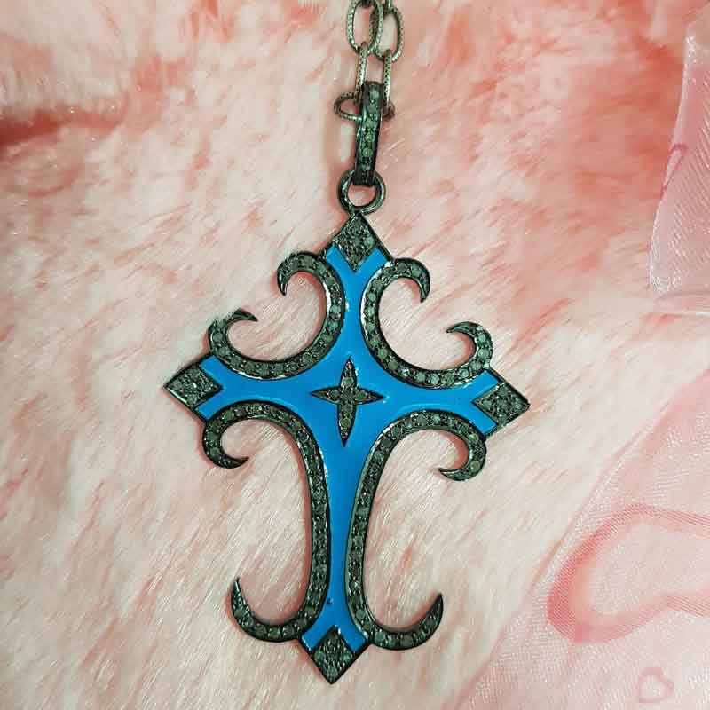 925 Solid Sterling Silver Turquoise Enamel Cross Designer pendent