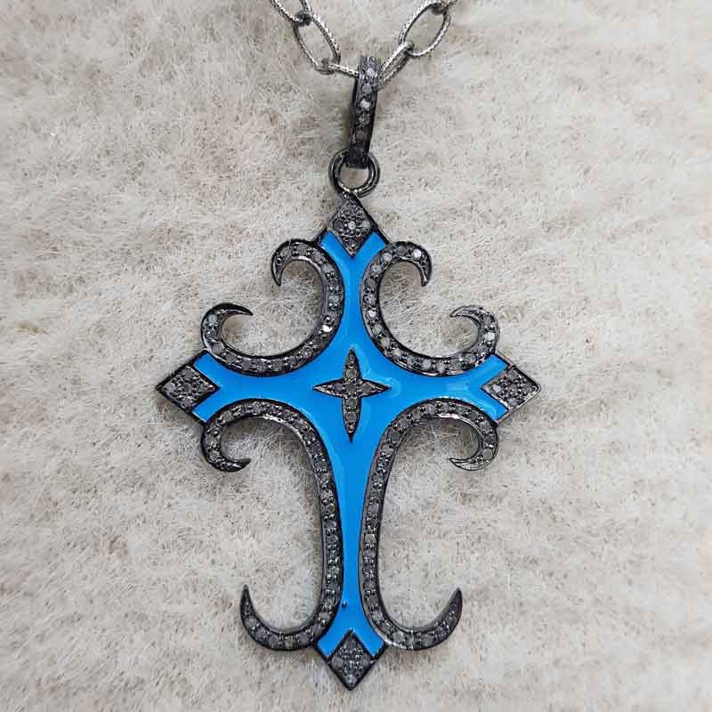 925 Solid Sterling Silver Turquoise Enamel Cross Designer pendent