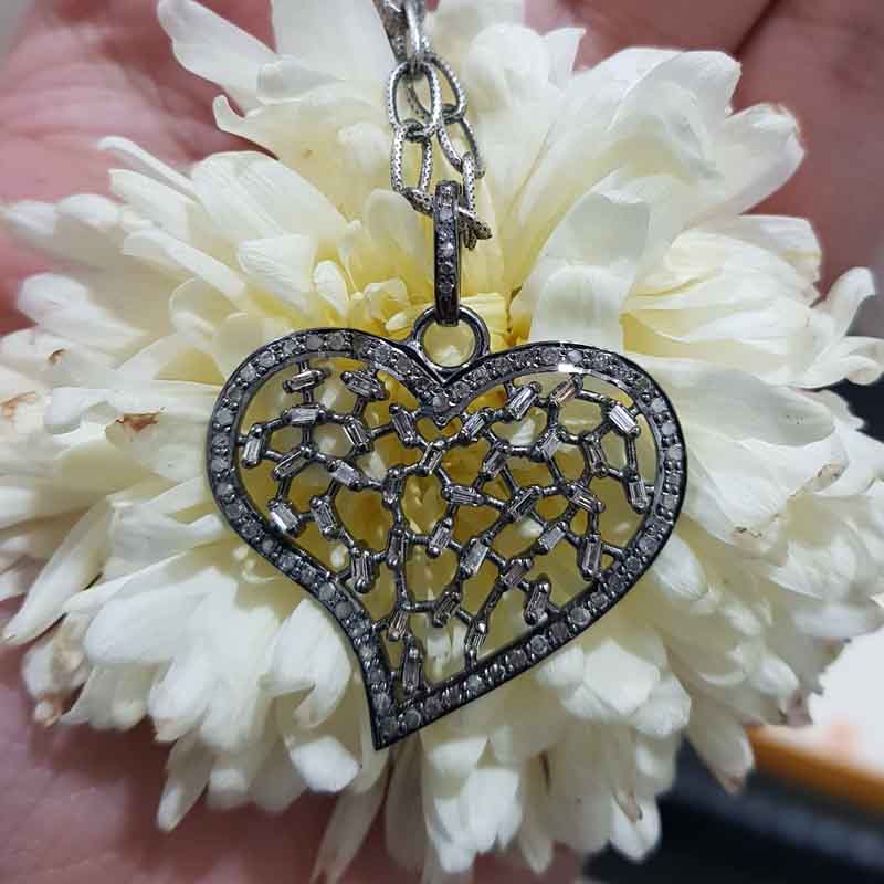 Baguette And Pave Diamond Designer Heart Pendent