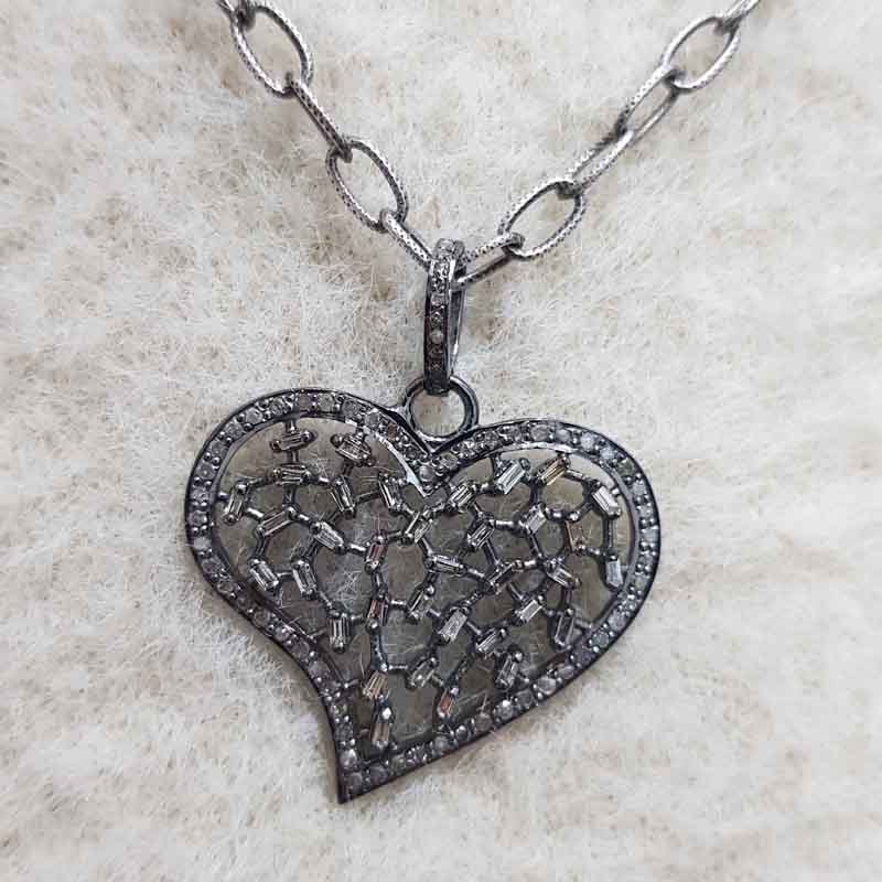 Baguette And Pave Diamond Designer Heart Pendent