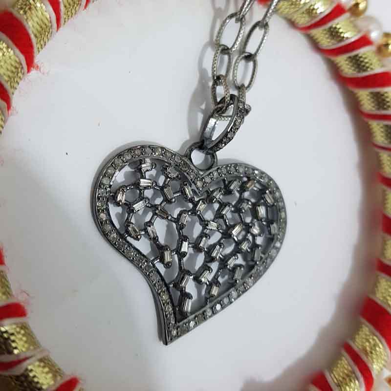 Baguette And Pave Diamond Designer Heart Pendent