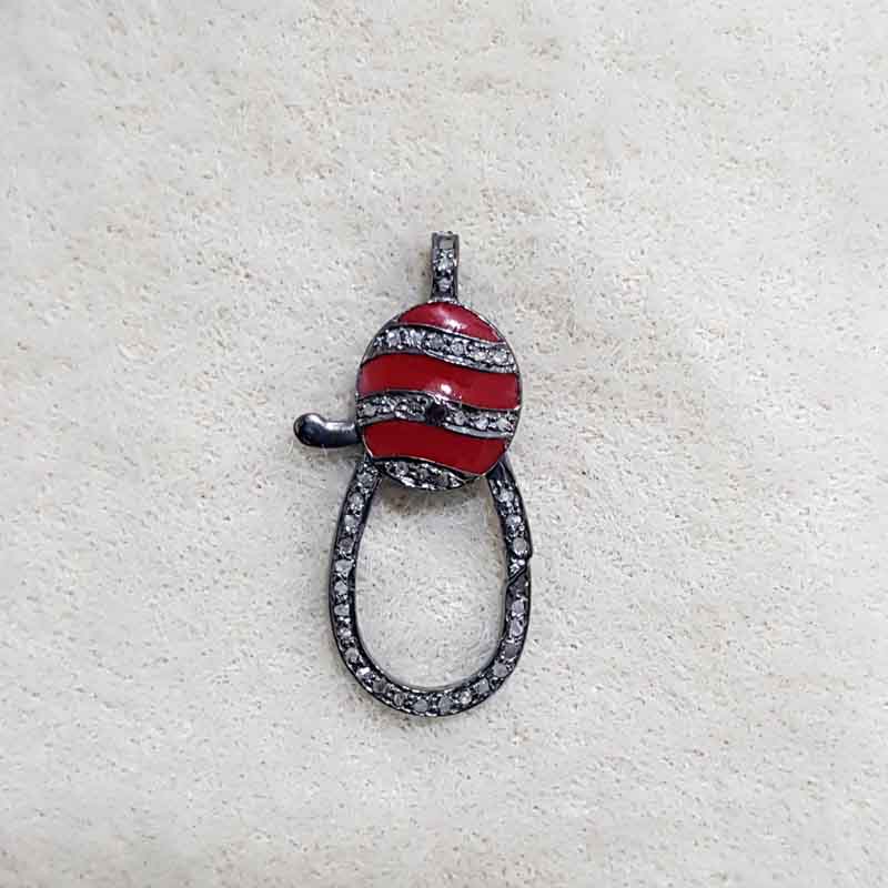 Red Enamel With Pave Diamond Round Spring Clasp Lock