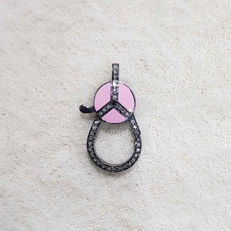 Round Pink Enamel Spring Clasp With Pave Diamond