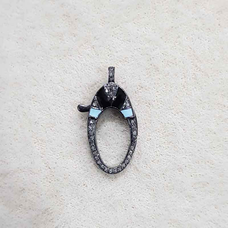 Turquoise And Black Enamel Gorgeous Oval Shaped Spring Clasp Lock