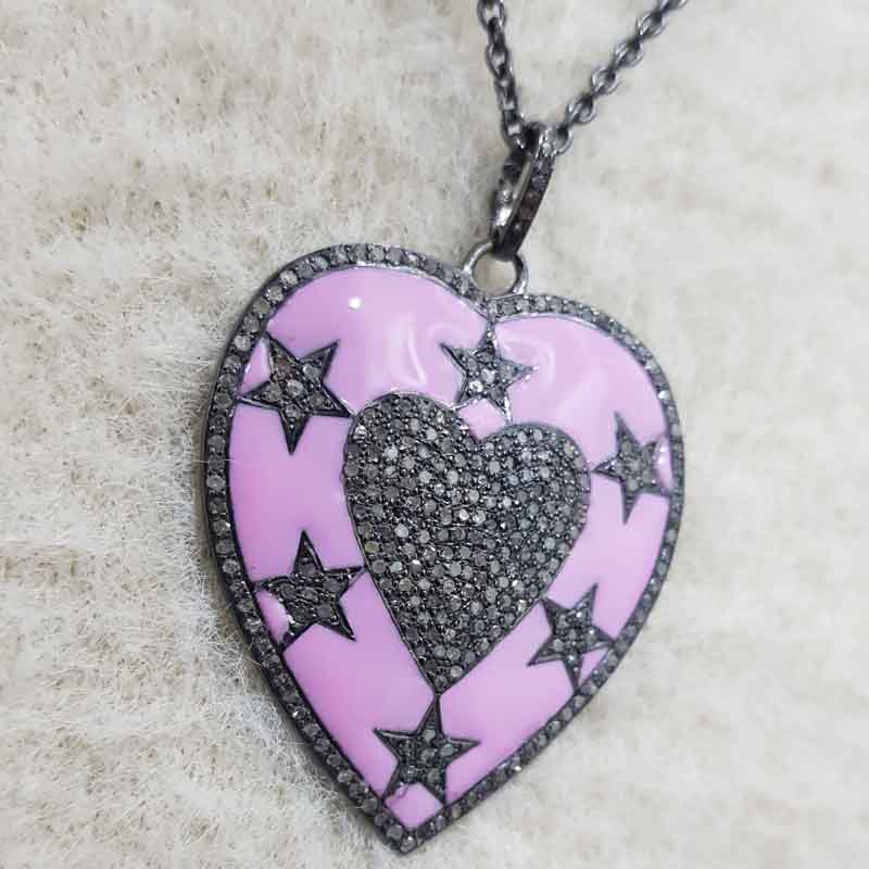 Pink Enamel Heart With Pave Diamond Stars Pendent