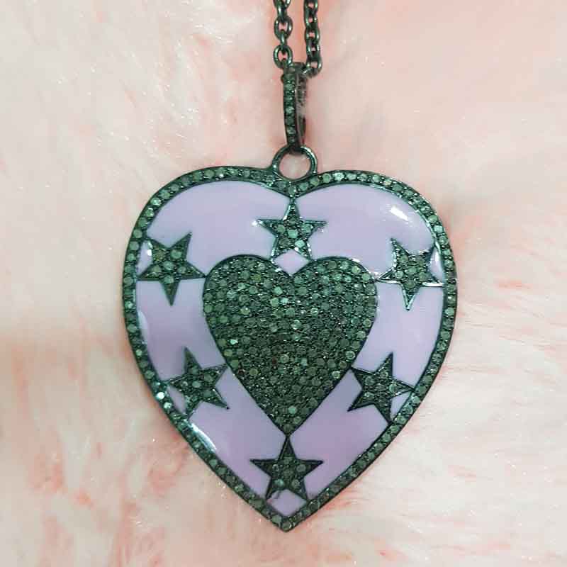 Pink Enamel Heart With Pave Diamond Stars Pendent