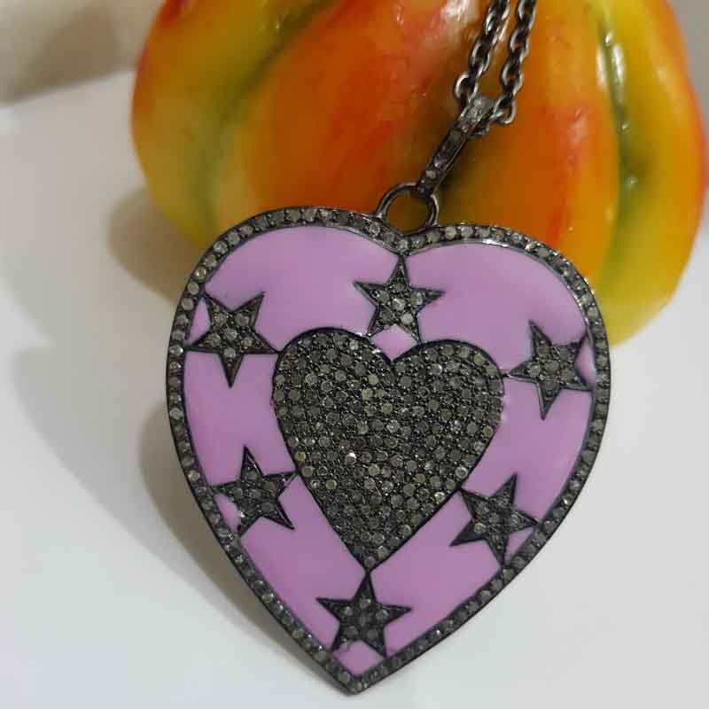 Pink Enamel Heart With Pave Diamond Stars Pendent