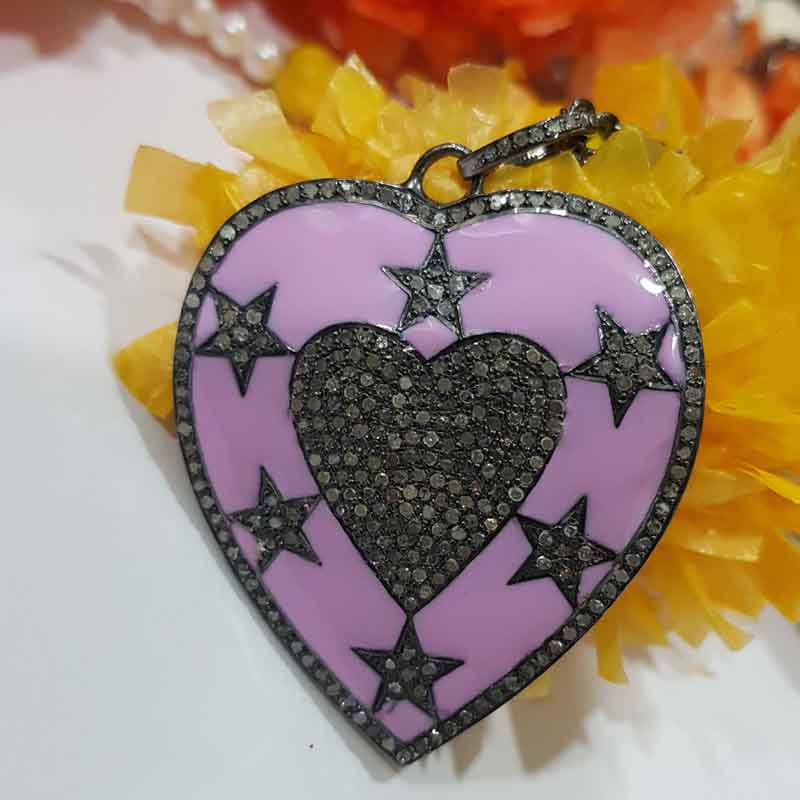 Pink Enamel Heart With Pave Diamond Stars Pendent