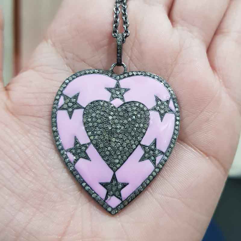 Pink Enamel Heart With Pave Diamond Stars Pendent