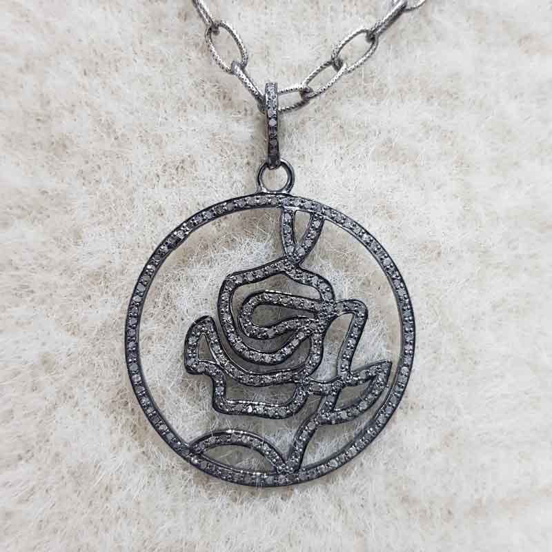 Beautiful Black Rose Flower Pendent With Pave Diamond Layers